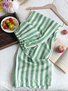 SHEIN EZwear Quần dài nữ họa tiết sọc có dây rút eo thường ngày đa năng cho sân bay - màu xanh lá - Xem 4