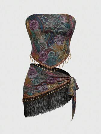 Hippie 2 pièces Ensemble de tenue de vacances pour femmes - Top bandeau à franges imprimé noix de cajou et jupe mi-longue fendue sur le côté