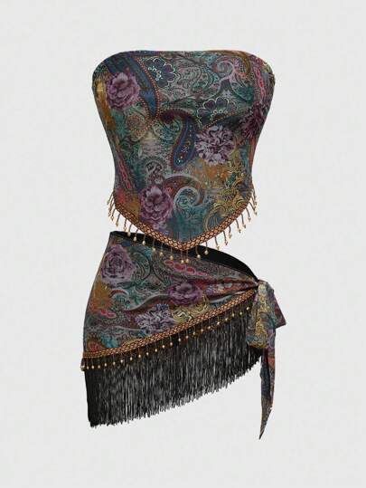 Hippie طقم للنساء للعطلة يتكون من توب بنمط البندق ومع شرابات وتنورة ميدي مقسومة الجانبين،2 قطعة