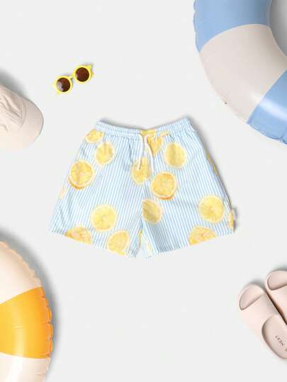 SUMWON Summer Swim Board Shorts Beach Pool Lemon Print Striped Drawstring Vacation Bottoms Resort Wear Beachwear Holiday Boys Swimwear