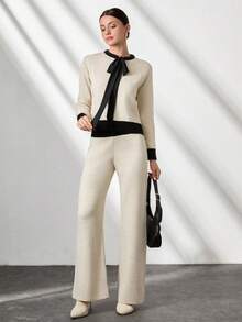 CLARA VERO Woman Bow Tie Neck Contrast Detailed Sweater And Pants Two Pieces Set - Beige - View 6