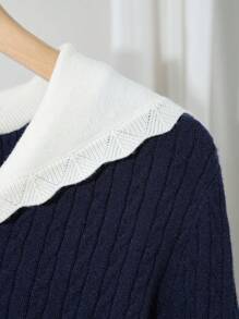 SHEIN Unity 海军领通勤学院风轻盈收腰短袖针织开衫，修身 - 藏蓝色 - 查看 5