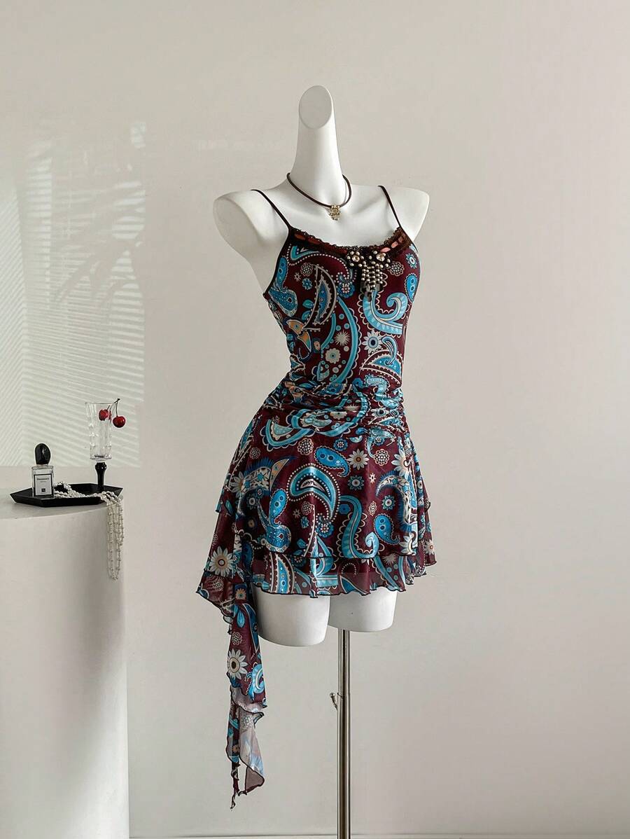 Sweetra Vintage Print Asymmetrical Hem Mini Dress - Coffee Brown - View 1