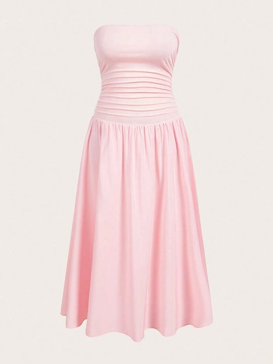 SHEIN MOOSTA Plus Size Solid Color Bandeau Dress, Simple & Sweet Princess Style