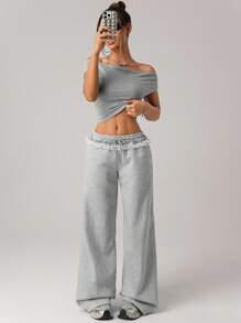 SHEIN ICON 宽松腰蕾丝褶饰休闲运动裤 - 淺灰色 - 查看 1