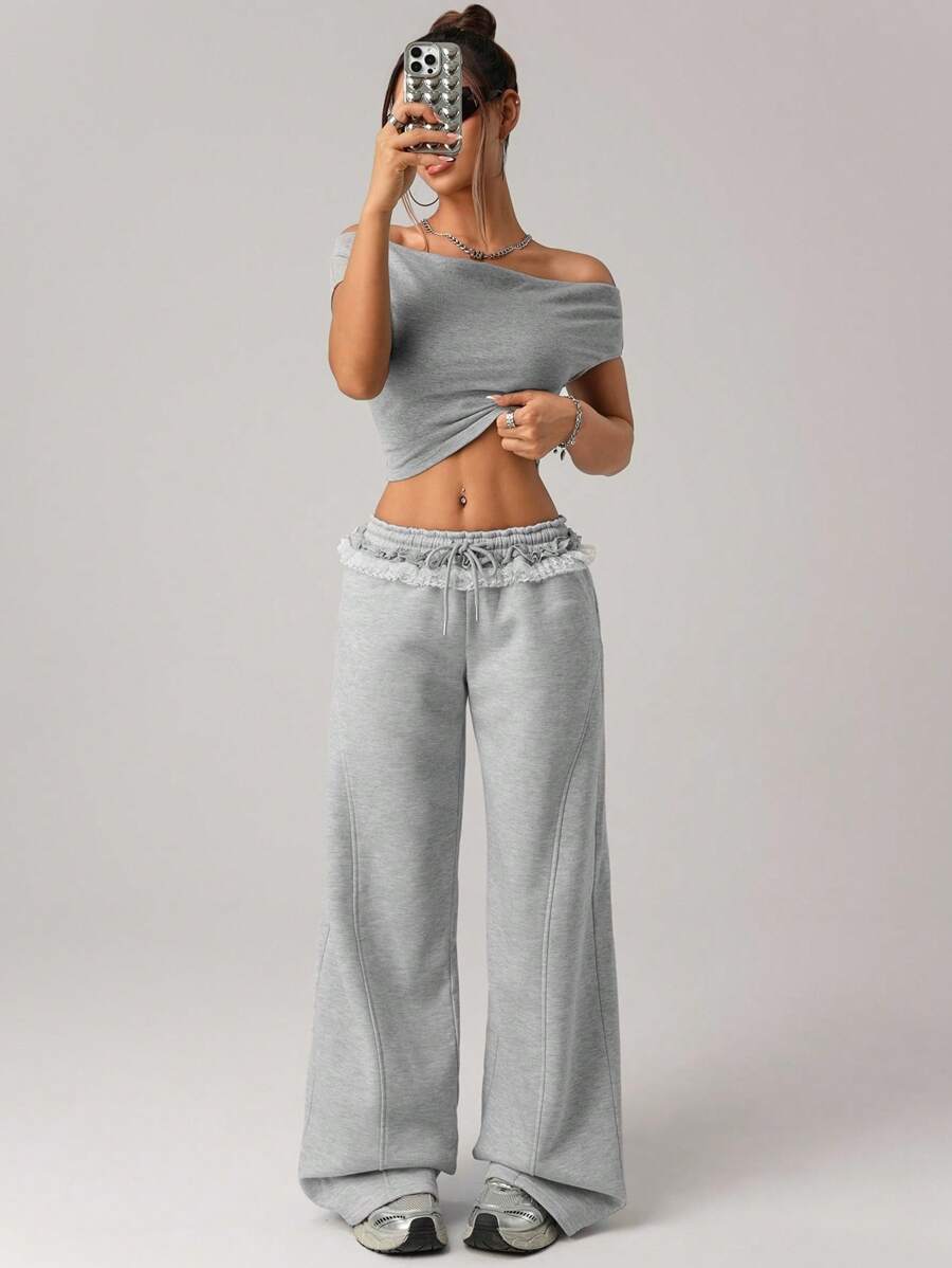 SHEIN ICON 宽松腰蕾丝褶饰休闲运动裤 - 淺灰色 - 查看 1