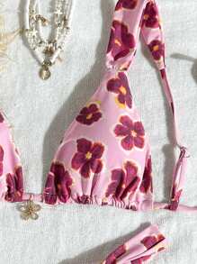 Swim Mod Women Pink Floral Print Bikini Set, 2pcs Beach Swimsuit