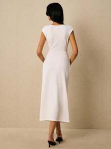Poéselle Women's Casual Solid Color Crossed Wrap Mid-Length Dress, Summer - White - View 2