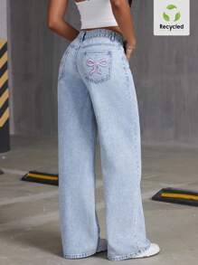 SHEIN ICON 女式阔腿刺绣蝴蝶结水洗牛仔裤