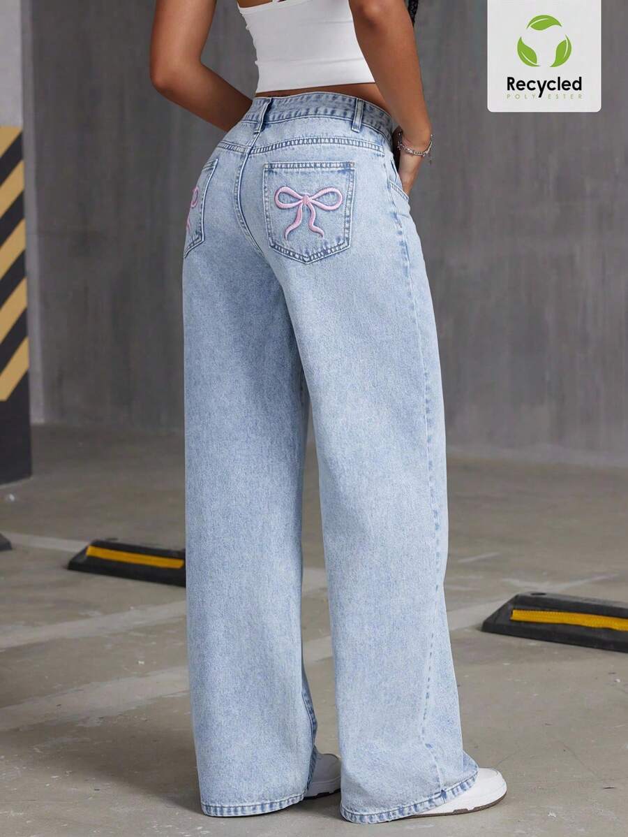 SHEIN ICON 女式阔腿刺绣蝴蝶结水洗牛仔裤