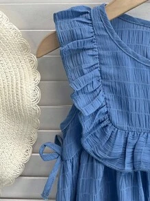 SHEIN Young Girls Ruffled Hem Textured Casual Dress - Pink - View 8