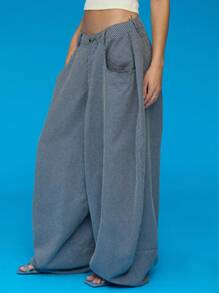 COUREZ Quần ống rộng cạp thấp kẻ caro phong cách Y2K dành cho nữ - Màu xanh lam - Xem 5