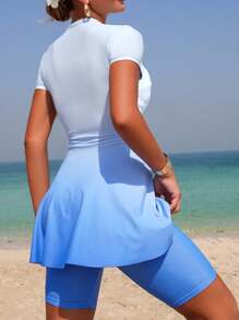 Swim Shayni 女式夏季沙滩渐变色褶饰短袖短裤休闲分体泳衣套装 - 藍色 - 查看 2