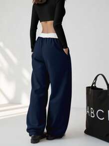 INAWLY Dames casual sportnummer print contrastkleur trekkoord taille losse pasvorm wijde pijpen broek met zijzakken