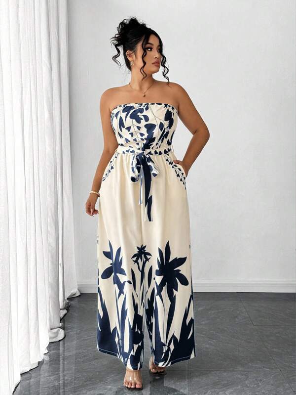 Elenzga Summer Fashion Casual Vacation Halter Tie Bow Print Jumpsuit
