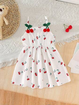 Toddler Girls Fashionable Casual Everyday Fruit Print Pinafore Style High Waist Short Dress With 3D Cherry Decor