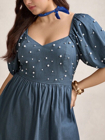 SHEIN LUNE Damen Große Größen Sommer Viskose-Kleid mit Puffärmeln und Kunstperlen Verzierung, Lässig