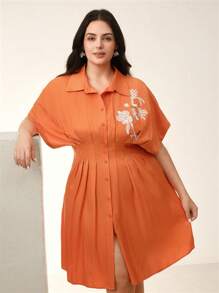 Anewsta Elegant, Spring/Summer Business Casual Women Embroidered Collared Cinched Waist Half Sleeve Shirt Dress