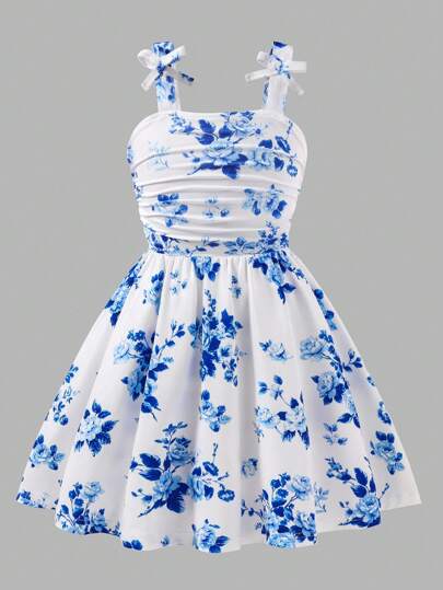 Young Girls Blue Floral Porcelain Print Slip Dress With Bowknot, Cute, Sleeveless, Mid-Length, Sequin And Faux Pearl Design, Elegant, Suitable For Party And Casual Wear, Summer New Arrival