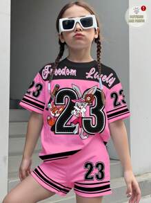 SHEIN 2pc Girls Trip Sports Graphic Set With Number 23, Classic Fashion Sporty Style: Short Sleeve T-Shirt With Sleeve Color Block, Graphic Print And Shorts, Suitable For Summer, Sports, Fitness, Casual Outing, Socializing