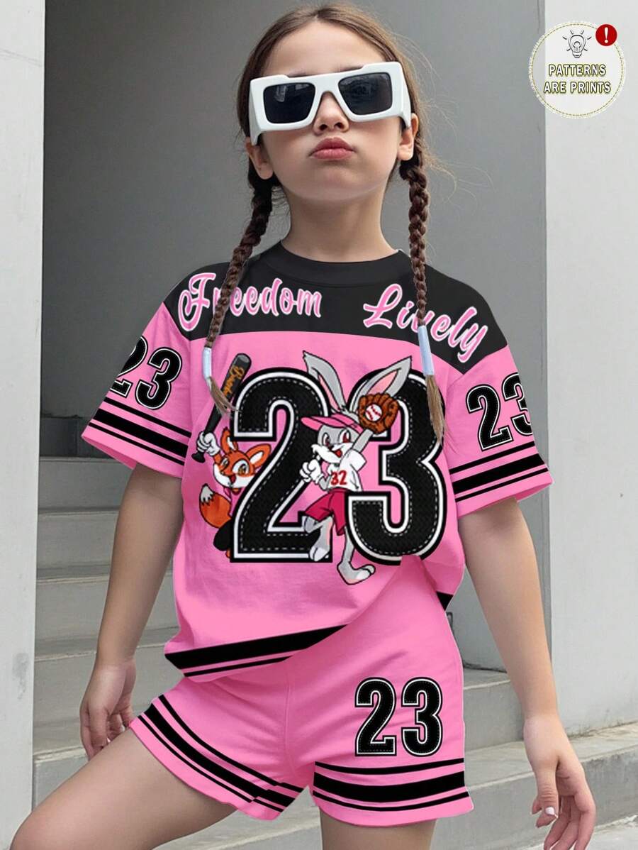 SHEIN 2pc Girls Trip Sports Graphic Set With Number 23, Classic Fashion Sporty Style: Short Sleeve T-Shirt With Sleeve Color Block, Graphic Print And Shorts, Suitable For Summer, Sports, Fitness, Casual Outing, Socializing