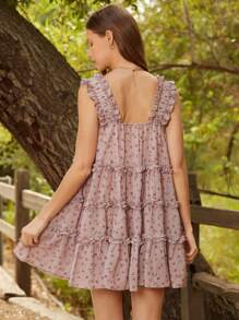 WESTFADE Robe mini babydoll vaporeuse à col carré avec volants et volants, imprimé floral marguerite, style bohème, cowgirl et de plage pour l'été - Rose bonbon - Voir 2