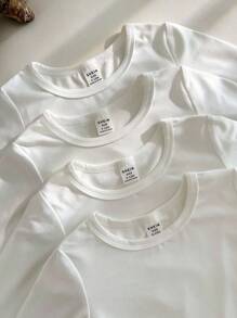 SHEIN Vintaside Kids 4pcs Baby Boy White Round-Neck Long-Sleeved T-Shirts Set,Autumn Winter Basic Date Casual Multi-Pieces Comfortable Versatile Spring Tops - White - View 4
