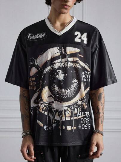 Grunge Punk Herren Lässig T-Shirt mit Augen Muster, Kurzarm, Sommer