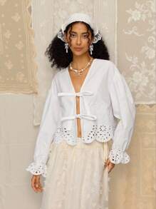 SHEIN MOD Women's White Summer Cottage Core Tea Party Elegant Hollow Embroidery Lace Tie-Up Blouse,Cotton Heart Pocket Bohemian Old Money Style Boho Top - White - View 6