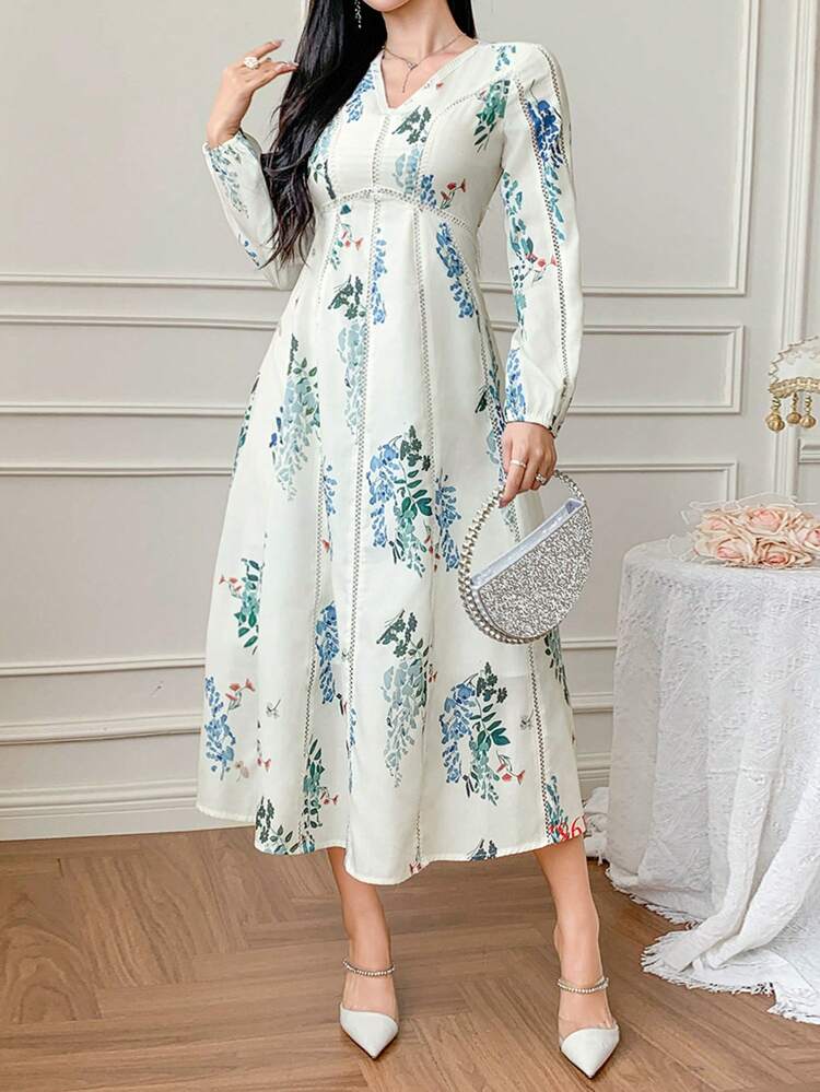 Elegant Floral V-Neck Patchwork Midi Dress For Women, Fall,Teacher Outfits Long Sleeve Dress Boho