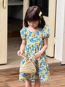 SHEIN Váy tay bồng họa tiết hoa xanh thường ngày cho bé gái - Nhiều màu - Xem 6