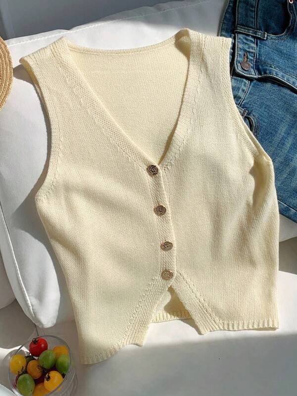 SHEIN EZwear Cárdigan de punto sin mangas de color caqui claro casual, para verano
