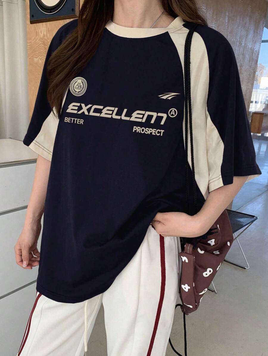 DAZY 女式圆领短袖拼布T恤夏季，图案T恤 - 藏蓝色 - 查看 1