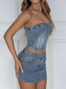 SHEIN EZwear Bộ đồ 2 món gợi cảm gồm áo ống đính hạt và chân váy denim mini cho nữ - Màu xanh lam - Xem 4
