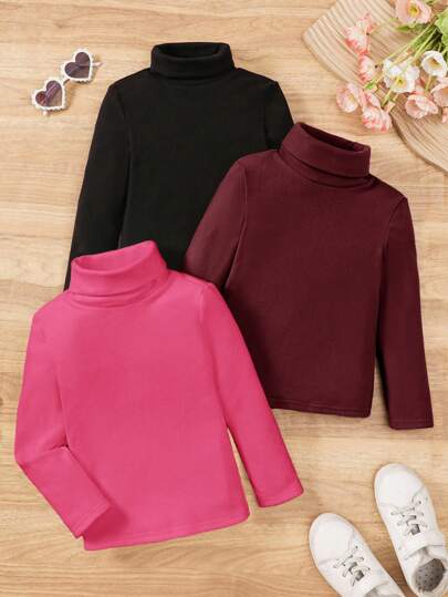 SHEIN Set 3 buc. tricouri simple cu guler polo, elastice, pentru copii mici și fete tinere, potrivite pentru ținute casual