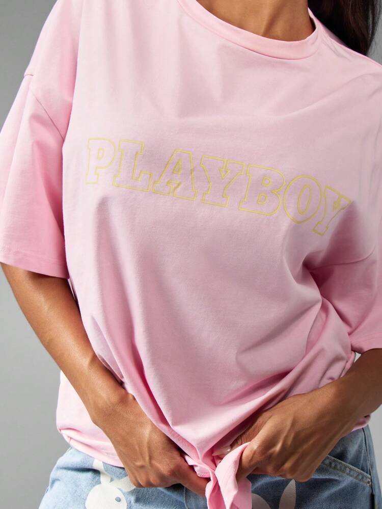 Missguided x Playboy T-shirt ample à manches courtes en coton, décontracté, d'été, style urbain, tenue de détente, avec un motif graphique de lapin classique et oversize