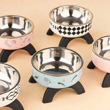 1pc Cute Pattern Raised Stainless Steel Pet Food Bowl, Anti-Spill, Anti-Slip, Suitable For Small Cats, Dogs And Small Pets To Drink And Eat - Multicolor - View 1