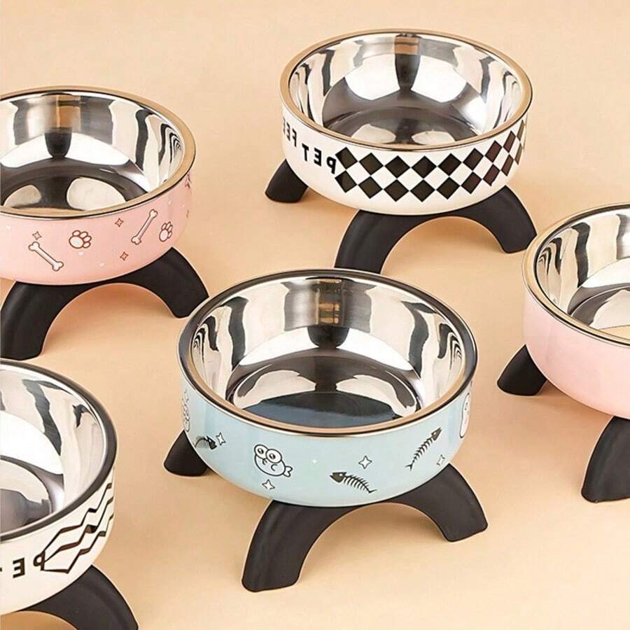 1pc Cute Pattern Raised Stainless Steel Pet Food Bowl, Anti-Spill, Anti-Slip, Suitable For Small Cats, Dogs And Small Pets To Drink And Eat - Multicolor - View 1