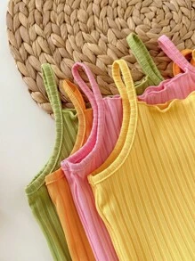 SHEIN 8pcs/Set Young Girl Solid Color Knit Camisole Top And Shorts Set - Multicolor - View 6
