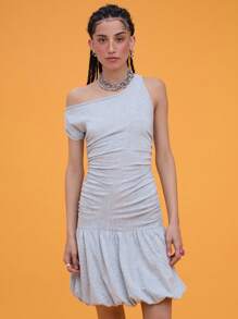 COUREZ Off Shoulder Ruched Bubble Hem Mini Dress /Winter Dress Winter Clothes For Women Vacation Outfits Y2K Sexy Cotton