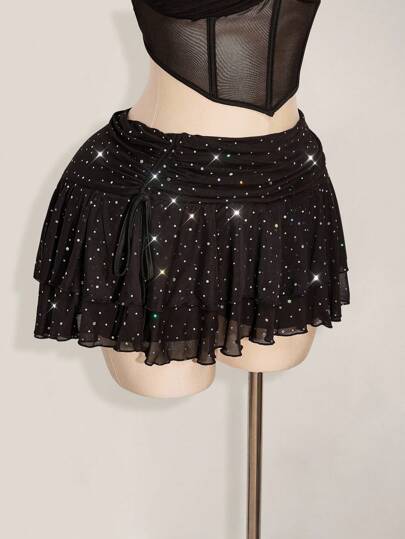 SHEIN ICON Plus Size Mini Layered Ruched Tie Skirt With High Slit And Glitter Mesh Details Sparkle Skirt Star Skirt,Back To School