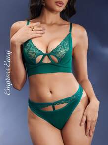 EmpressEnvy 蕾絲拼接鋼圈內衣套裝 - 墨綠色 - 查看 3