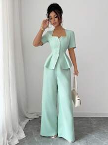 Elenzga New Stylish French Design Women 2 Pieces Set, Slim Fit Blouse With Square Collar And Wide-Leg Trousers, Spring/Summer