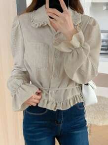 DAZY Women's Ruffled Collar Long Sleeve Tie-Front Fitted Casual Shirt