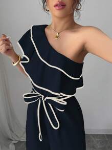 Elenzga 女式杏色斜肩荷叶边收腰直筒连体裤 - 藏蓝色 - 查看 5