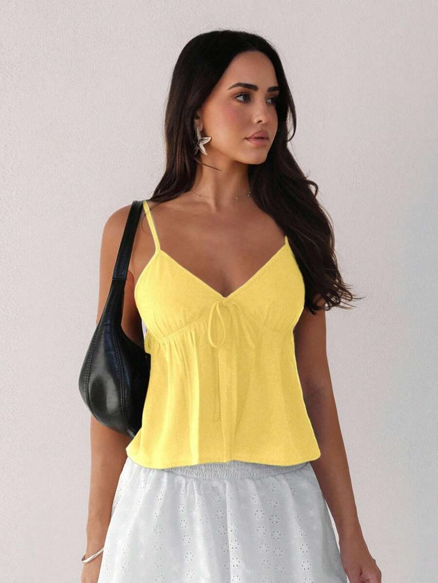 SHEIN 夏季休闲百搭纯色吊带背心 - 黃色 - 查看 1