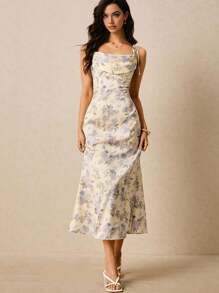 Poéselle Women's Elegant Floral Print Spaghetti Strap Dress, Summer