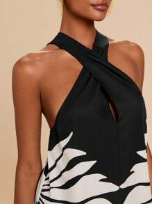 Travachic Black N White Plant Print Camisole And Mini Shorts Set,Summer Casual Holiday Vacation Holiday Halter Jumpsuit Romper,Boho Beach Outfits For Women - Black and White - View 6