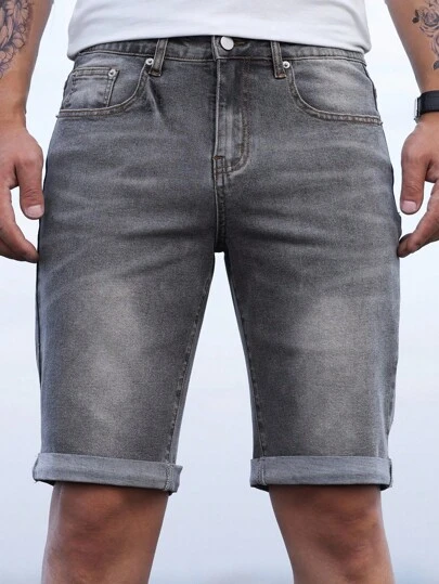 Manfinity Homme Plus Size Men's Casual Washed Denim Shorts Grey Jean Shorts Men Grey Denim Shorts Street Hang Out Tropical Urban