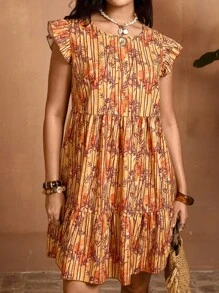 The White Lotus SHEIN VCAY 大码圆领荷叶边下摆休闲连衣裙、沙滩太阳裙、波西米亚风假日装 - 棕色 - 查看 7